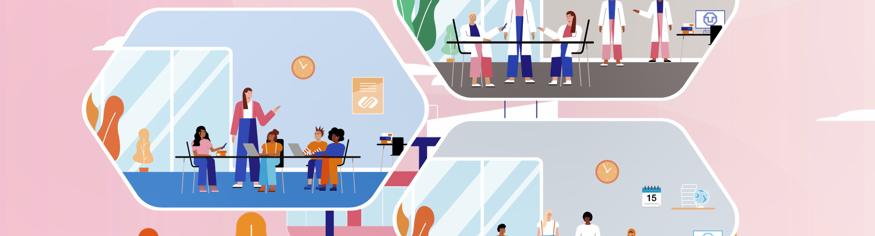 Auf dem Standbild aus dem Erklärfilm zum Schulversuch Universitätsschule Dresden ist eine Grafik zu sehen, in der schematisch in drei Waben die drei wichtigsten Teile des Projekts von TU Dresden und Stadt Dresden zu sehen sind. In einer Wabe oben rechts sind Bildungsforscherinnen dargestellt. In einer Wabe mittig links sind eine Lernbegleiterin mit einer Schüler-Projektgruppe dargestellt. In der dritten Wabe unten rechts ist eine Gruppe Studierende bei der angewandten Bildungsforschung.