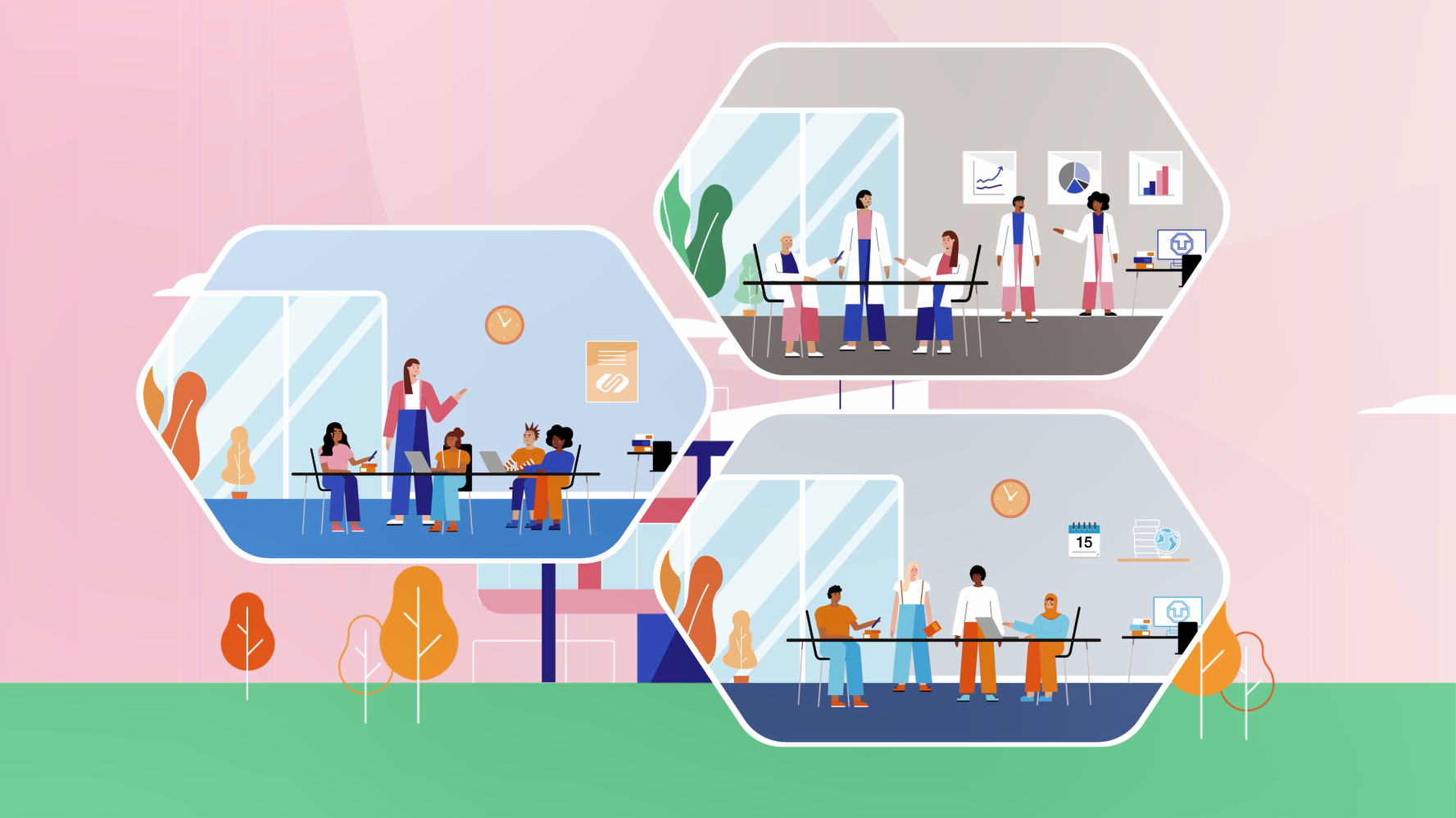 Auf dem Standbild aus dem Erklärfilm zum Schulversuch Universitätsschule Dresden ist eine Grafik zu sehen, in der schematisch in drei Waben die drei wichtigsten Teile des Projekts von TU Dresden und Stadt Dresden zu sehen sind. In einer Wabe oben rechts sind Bildungsforscherinnen dargestellt. In einer Wabe mittig links sind eine Lernbegleiterin mit einer Schüler-Projektgruppe dargestellt. In der dritten Wabe unten rechts ist eine Gruppe Studierende bei der angewandten Bildungsforschung.