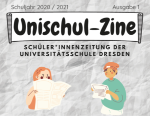 Ausschnitt der Titelseite der Schülerzeitung Unischul-Zine mit einer gezeichneten Schülerin und einem Schüler, die Zeitung lesen.